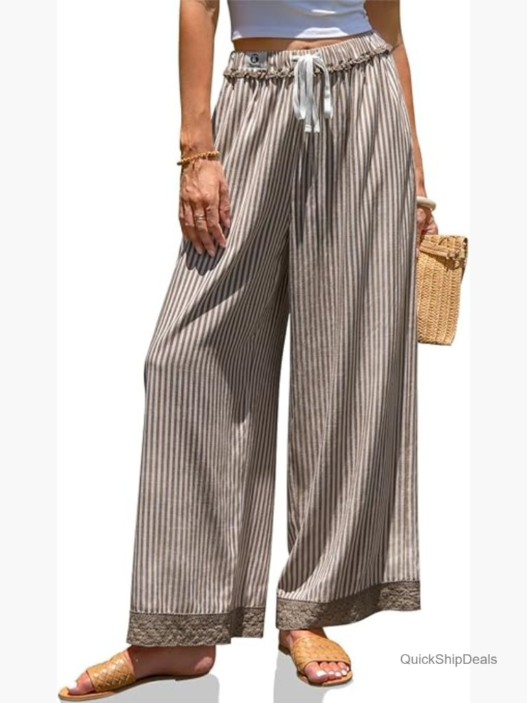Linen Blend Wide Leg Lounge Pants With Drawstring And Lace Trim